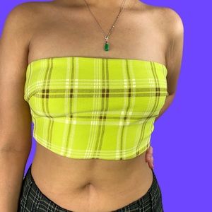 I AM GIA POLARIS GREEN PLAID TUBE TOP CROPPED